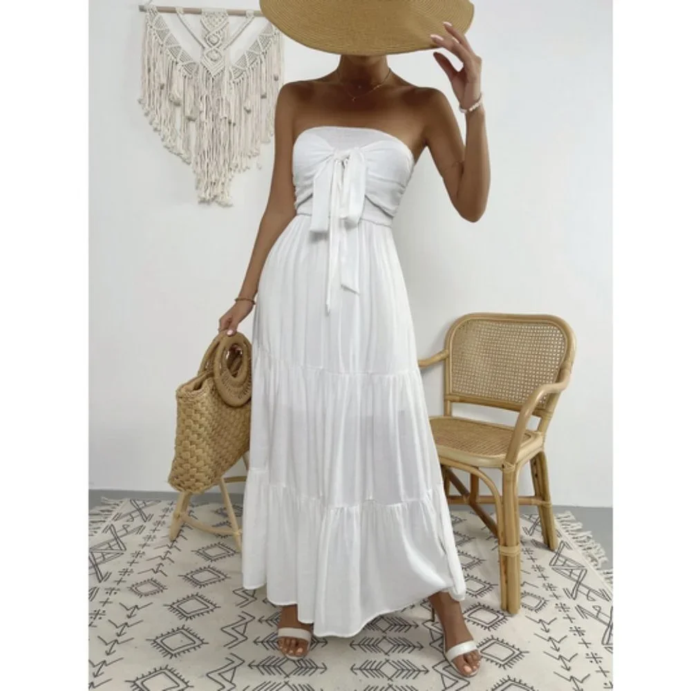 Boho Tie Front Shirred Ruffle Hem Tube Dress WHITE - Picture 4 of 6